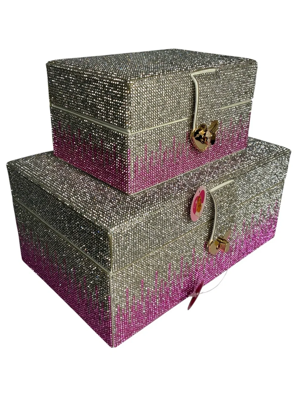 Paris Hilton Ombré Pink Silver Rhinestone Decorative Storage jewelry box Set